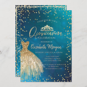 Invitation Robe d'or élégant Tiara, Diamonds Quinceañera