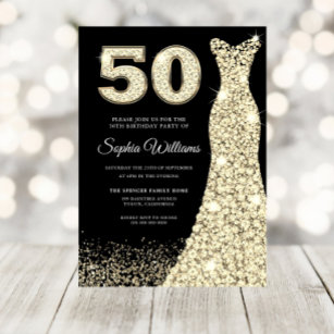 Invitation Robe d'or femmes 50e anniversaire fête Noir