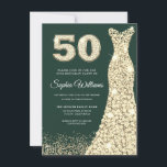 Invitation Robe d'or femmes 50e anniversaire fête verte<br><div class="desc">Golden Dress Womans 50th Birthday Party Green Invitation Célébrez un jalon avec style et élégance! Cette invitation à la fête du 50e anniversaire présente une robe dorée époustouflante, signifiant grâce et sophistication. Dans un décor vert profond, les dorures scintillantes apportent une touche de luxe. Invitation vos proches à une soirée...</div>