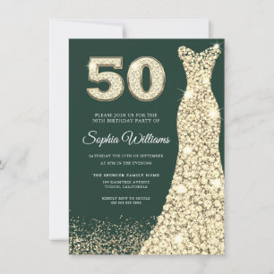 Invitation Robe d'or femmes 50e anniversaire fête verte