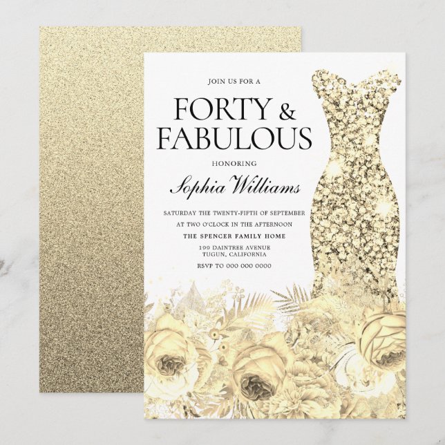 Invitation Robe d'or Floral Forty & Fabuleux 40e anniversaire (Devant / Derrière)