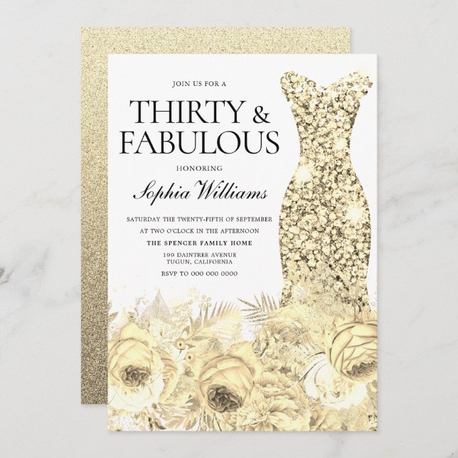 Invitation Robe d'or Floral Trente et fabuleux 30e anniversai (Devant / Derrière)