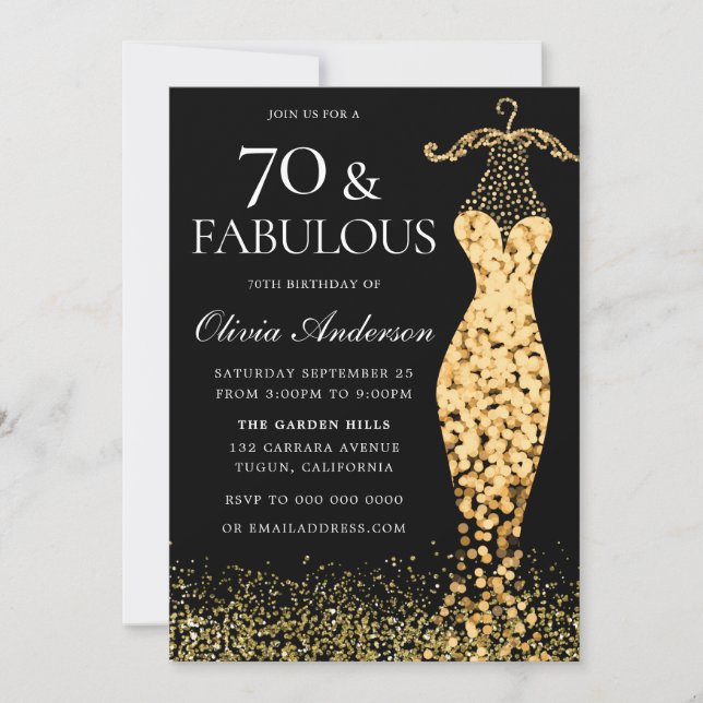 Invitation Robe d'or glamour Fabuleux 70e anniversaire (Devant)