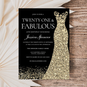Invitation Robe d'or noire femmes 21e fête d'anniversaire