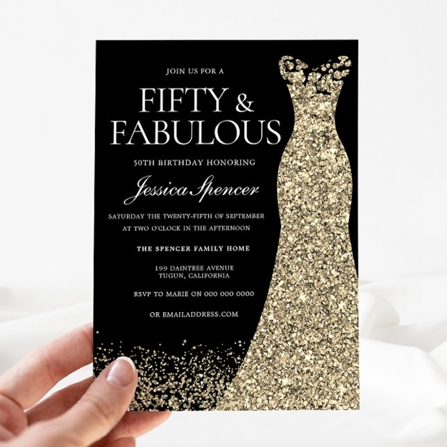 Invitation Robe d'or noire femmes 50e fête d'anniversaire (Créateur téléchargé)