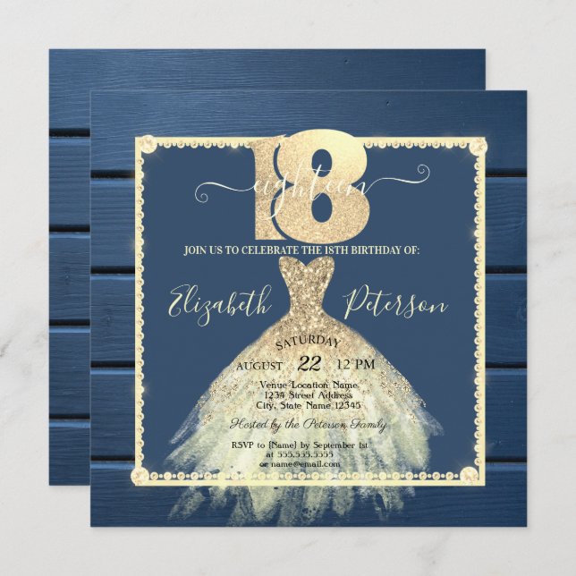 Invitation Robe d'or Parties scintillant Marine Bois bleu 18e (Devant / Derrière)