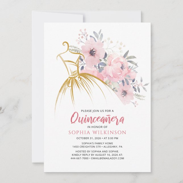 Invitation Robe d'or Quinceanera Floral Faux15e anniversaire (Devant)