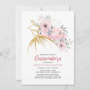 Invitation Robe d'or Quinceanera Floral Faux15e anniversaire