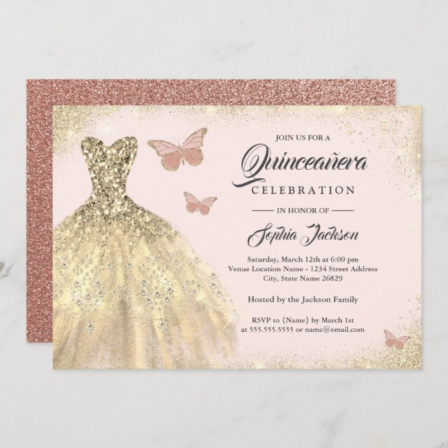 Invitation Robe d'or Rose Beurre d'or Quinceanera (Devant / Derrière)
