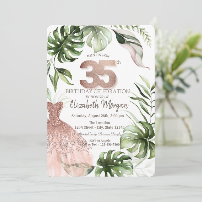 Invitation Robe d'or rose Feuilles tropicaux 35e anniversaire (Debout devant)