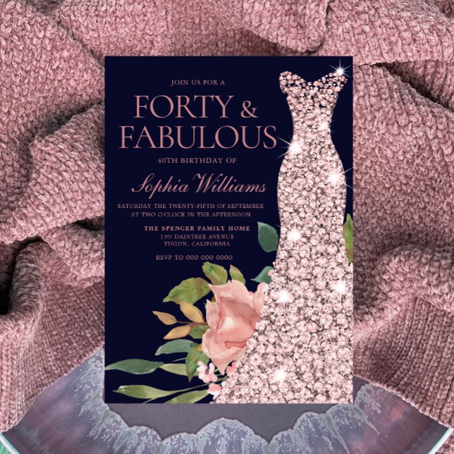 Invitation Robe d'or rose Fleurs de Blush Marine 40e annivers (Créateur téléchargé)