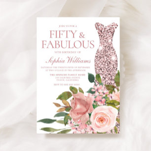 Invitation Robe d'or rose & Fleurs roses bleues 50e anniversa