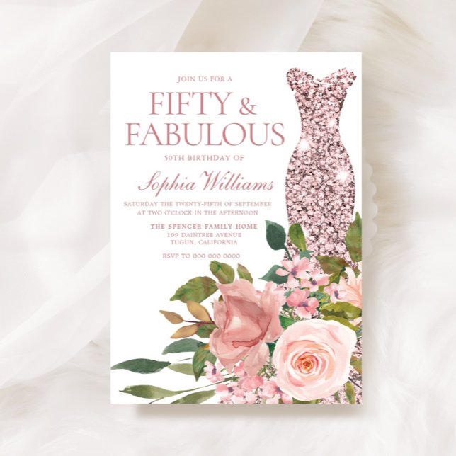 Invitation Robe d'or rose & Fleurs roses bleues 50e anniversa (Créateur téléchargé)