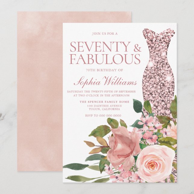 Invitation Robe d'or rose & Fleurs roses bleues 70e anniversa (Devant / Derrière)
