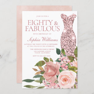 Invitation Robe d'or rose & Fleurs roses rousses 80e annivers