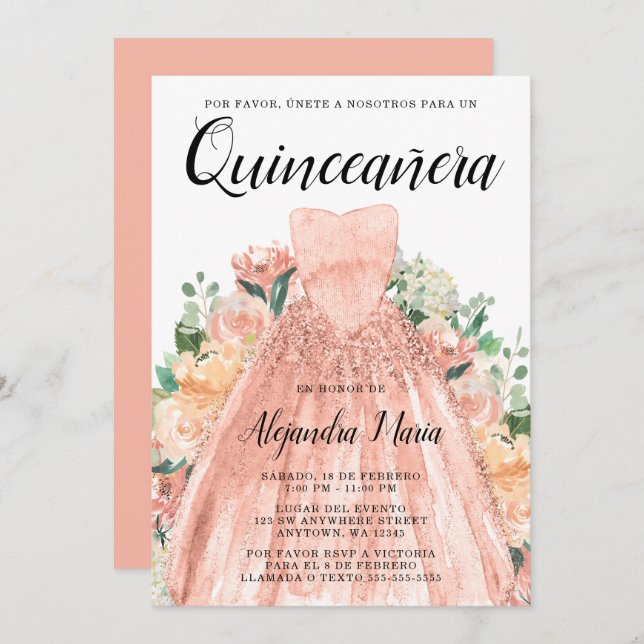 Invitation Robe d'or rose Floral Quinceanera espagnol (Devant / Derrière)