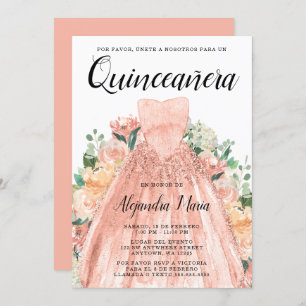 Invitation Robe d'or rose Floral Quinceanera espagnol