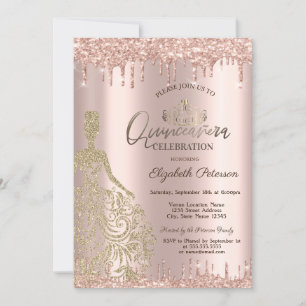 Invitation Robe d'or Rose Parties scintillant d'or Drops Quin