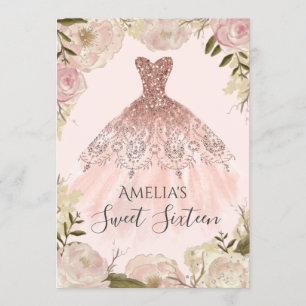 Invitation Robe d'or rose Rose Floral Sweet sixteen Invitatio