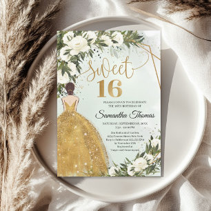 Invitation Robe d'or roses blanches verdure olivier feuillage