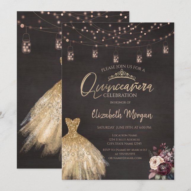 Invitation Robe d'or Rustique String Lumières Rose Quinceañer (Devant / Derrière)