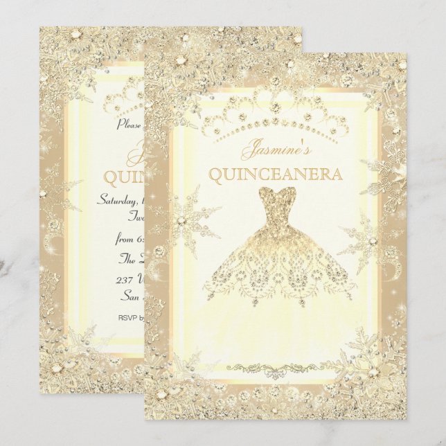 Invitation Robe d'or Tiara Winter Wonderland Quinceanera (Devant / Derrière)