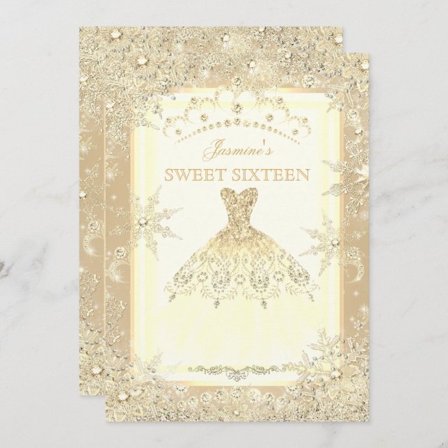 Invitation Robe d'or Tiara Winter Wonderland Sweet 16 Party (Devant / Derrière)