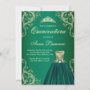 Invitation Robe d'or vert émeraude Quinceanera décorative