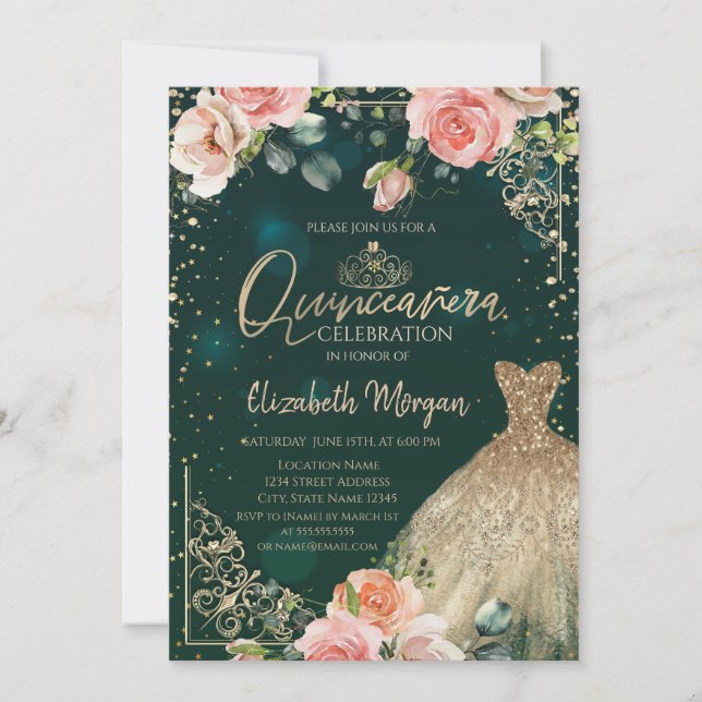 Invitation Robe d'or vert Tiara, Diamonds Roses Quinceañera (Devant)