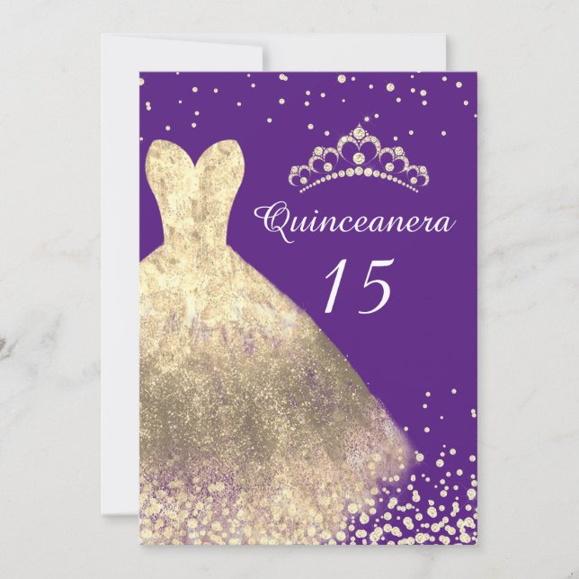 Invitation Robe d'or violet Quinceanera 15e anniversaire fête (Devant)