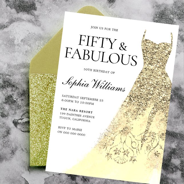 Invitation Robe dorée 50e fête d'anniversaire (Créateur téléchargé)