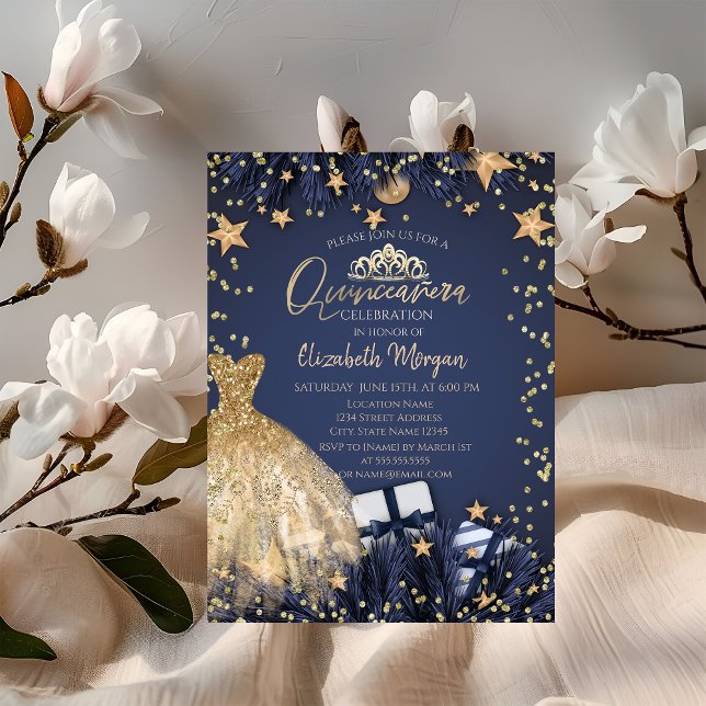 Invitation Robe dorée, Branches, Diamants Bleu marine Quincea (Créateur téléchargé)