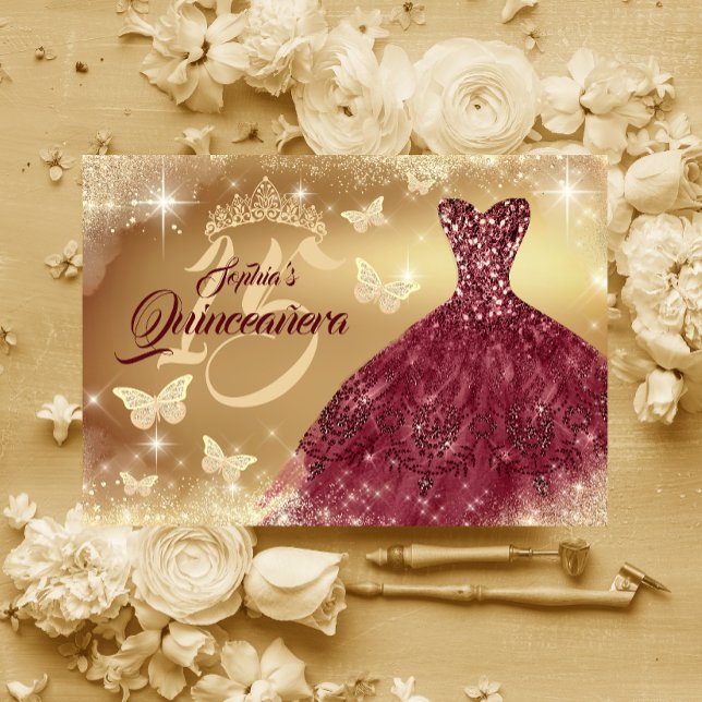Invitation Robe dorée burgundy pour Quinceanera scintillante  (Créateur téléchargé)