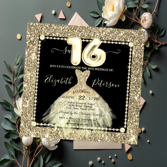 Invitation Robe dorée chic pailletée Sweet 16 (Créateur téléchargé)