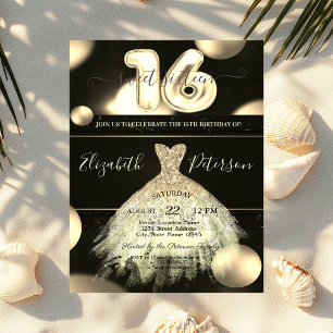 Invitation Robe dorée chic pois confettis Sweet 16
