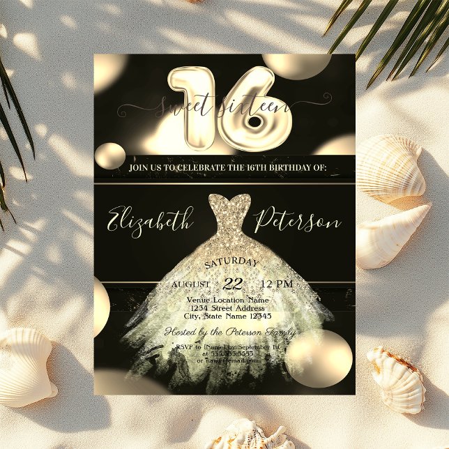 Invitation Robe dorée chic pois confettis Sweet 16 (Créateur téléchargé)