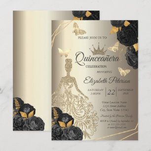 Invitation Robe dorée chic, roses noires papillon Quinceañera