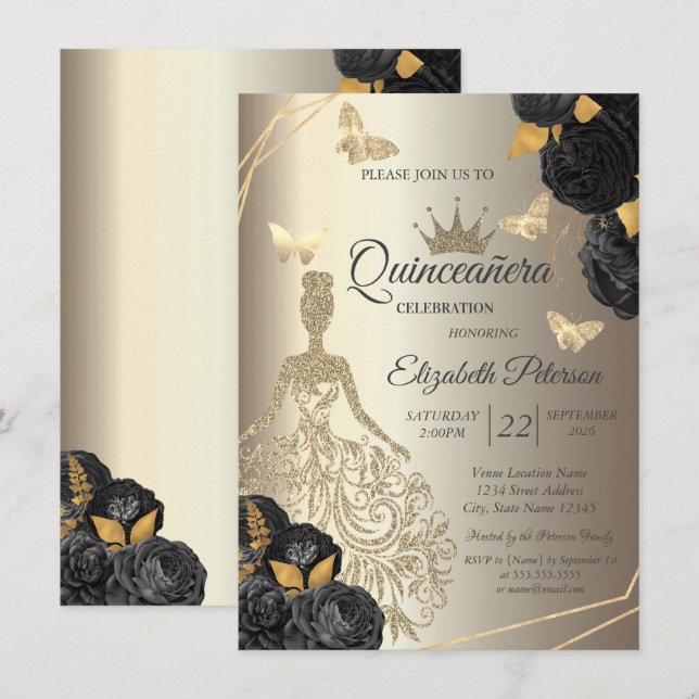 Invitation Robe dorée chic, roses noires papillon Quinceañera (Devant / Derrière)