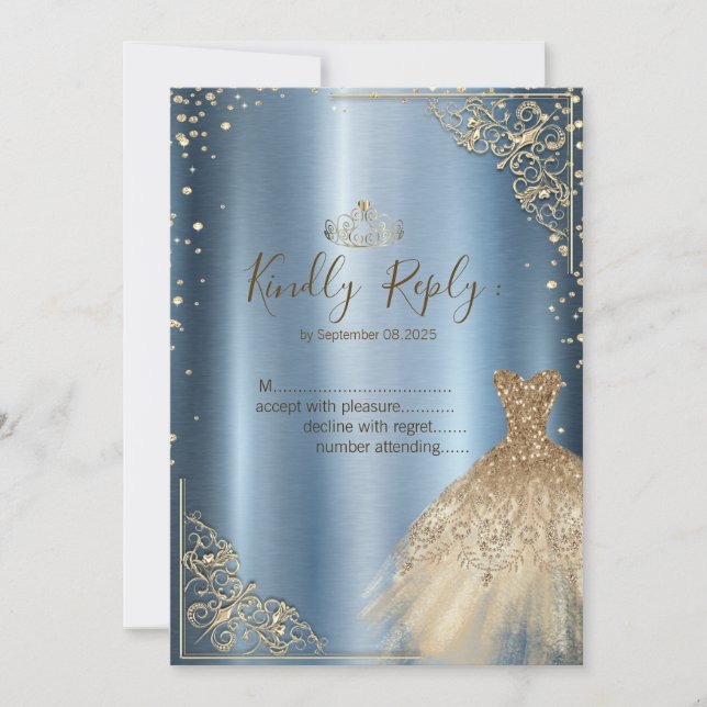Invitation Robe dorée Diamants Bleus RSVP (Devant)