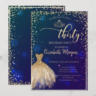 Invitation Robe dorée, diamants Fête d'anniversaire bleue 30