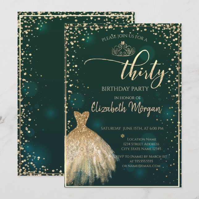 Invitation Robe dorée, Diamants Fête d'anniversaire verte 30  (Devant / Derrière)