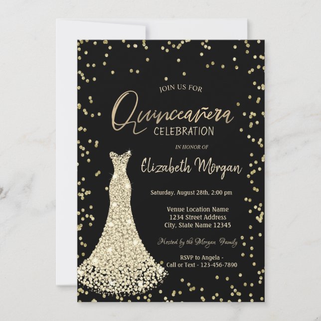 Invitation Robe dorée diamants noir Quinceañera (Devant)