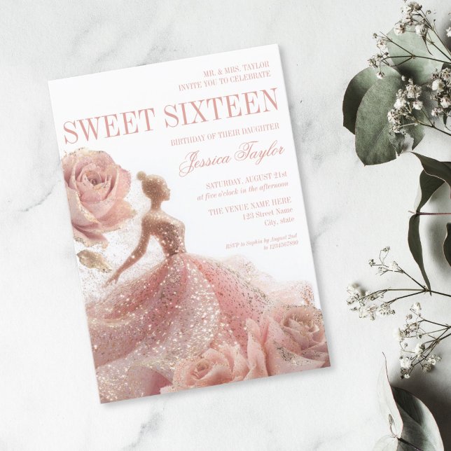 Invitation Robe dorée Douce 16 Robe Rose Bleue (blush pink glitter dress with roses sweet sixteen birthday invitation)