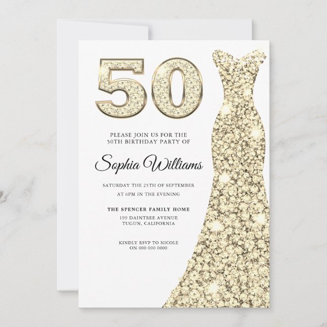 Invitation Robe dorée femmes 50e anniversaire fête (Devant)