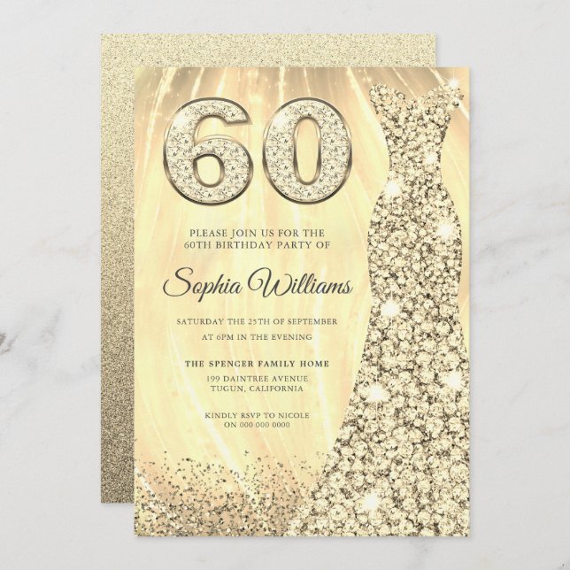 Invitation Robe dorée femmes 60e fête d'anniversaire (Devant / Derrière)