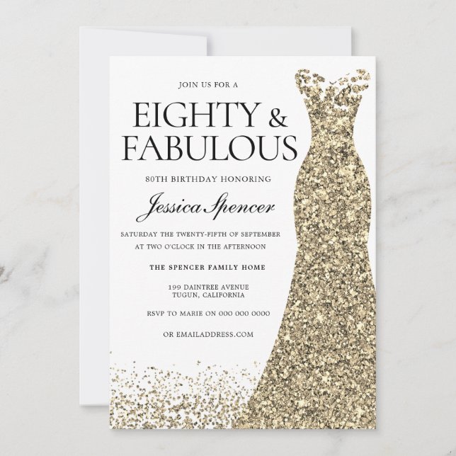 Invitation Robe dorée femmes 80e fête d'anniversaire (Devant)