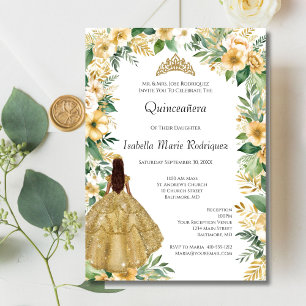 Invitation Robe dorée florale élégante formelle Quinceanera