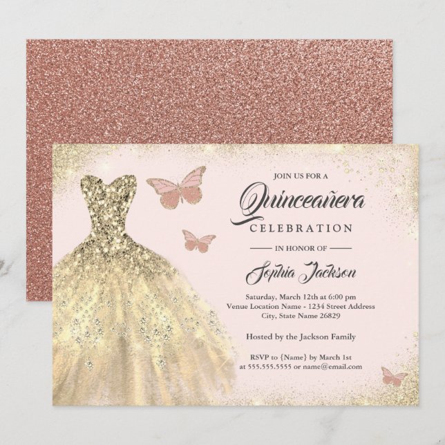 Invitation Robe dorée papillon rose doré Quinceanera  (Devant / Derrière)