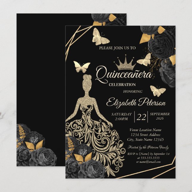 Invitation Robe dorée, papillon Roses noires Quinceañera (Devant / Derrière)