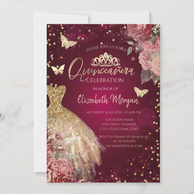 Invitation Robe dorée, papillons Fleurs rouges Quinceañera (Devant)